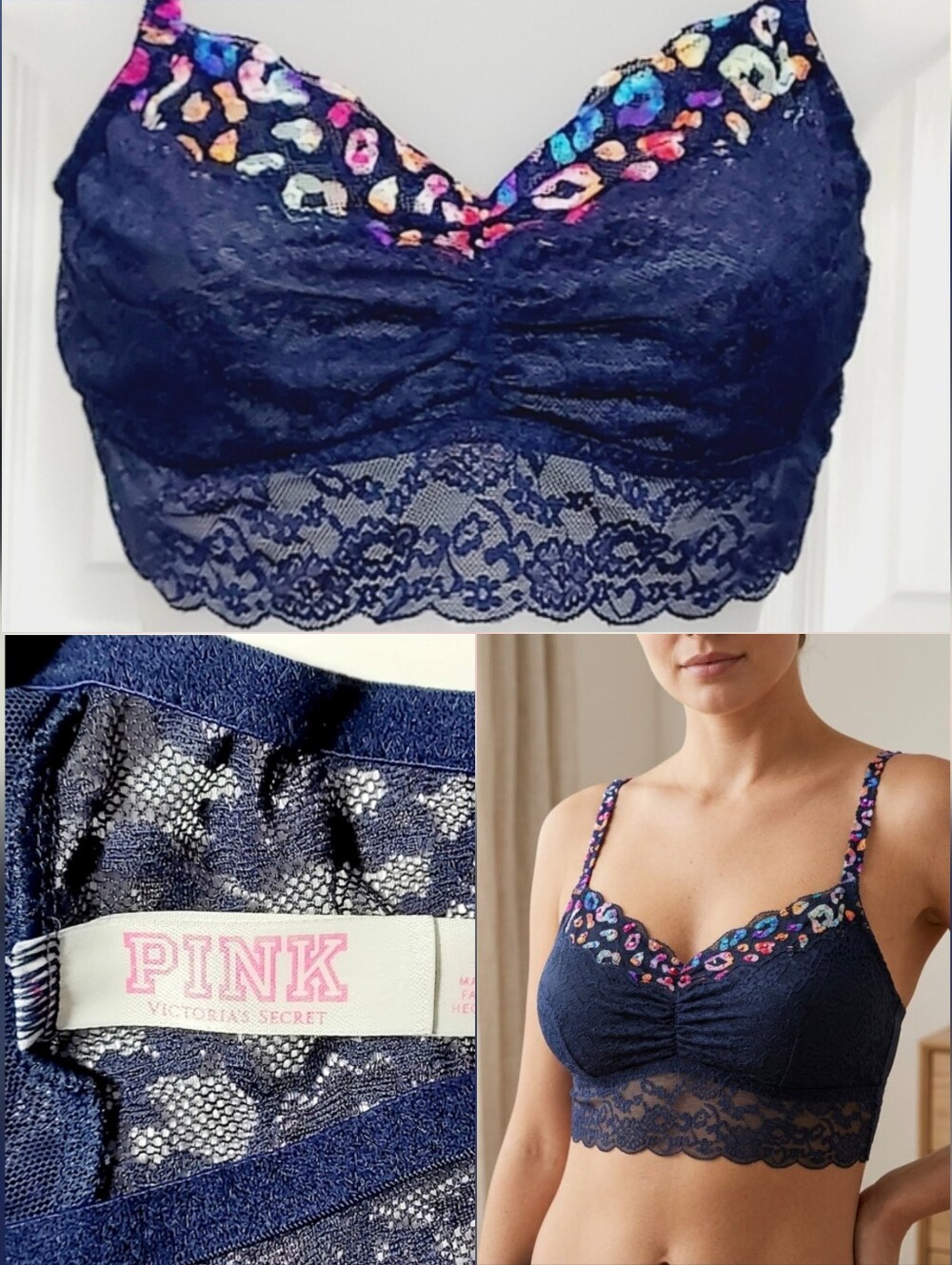 💙PINK Victoria's Secret bralette navy blue lace rainbow colored 🤍LARGE
